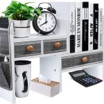 X-cosrack Wood Expandable Desktop Bookshelf Counter Bookcase Adjustable with Drawers Desktop Shelves Rack Storage Organizer for Office Supplies,Makeup,White.Petent Pending